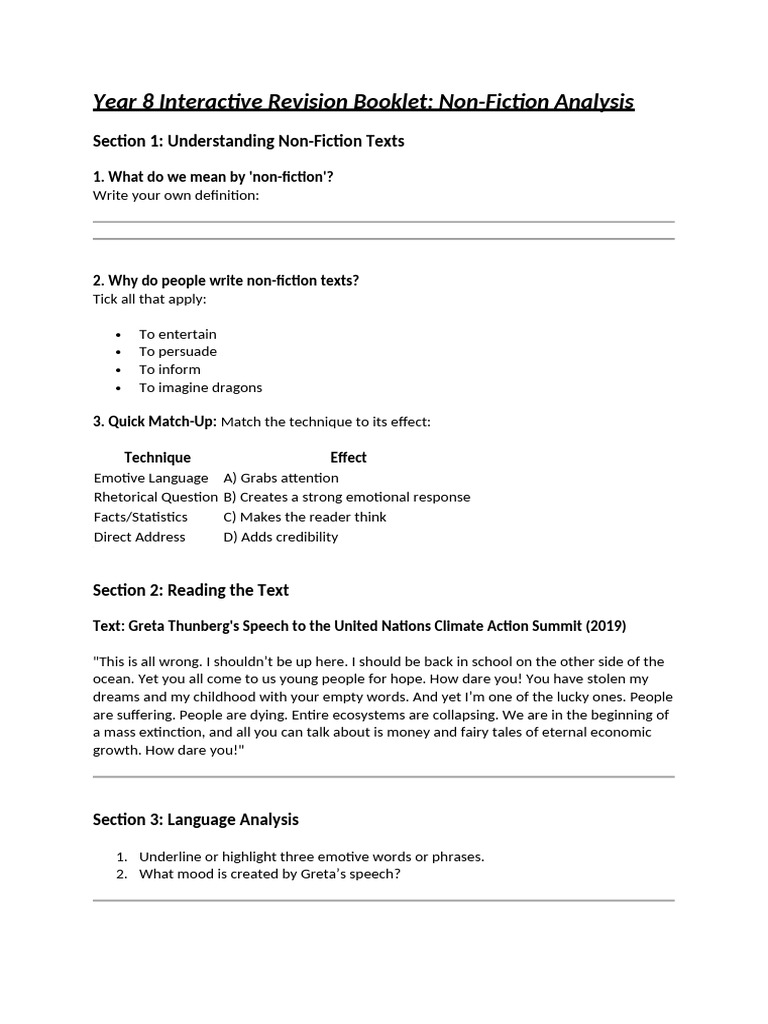 Year 8 Non-Fiction Revision Guide | PDF | Human Communication ...