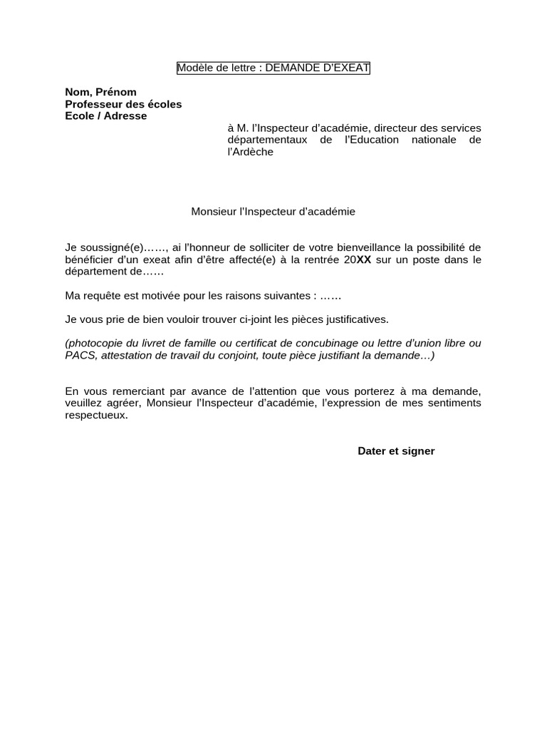 Demande d'Exeat Scolaire Modèle | PDF