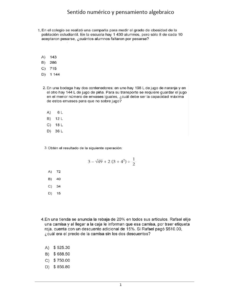 Sentido Numérico y Pensamiento Algebraico | PDF
