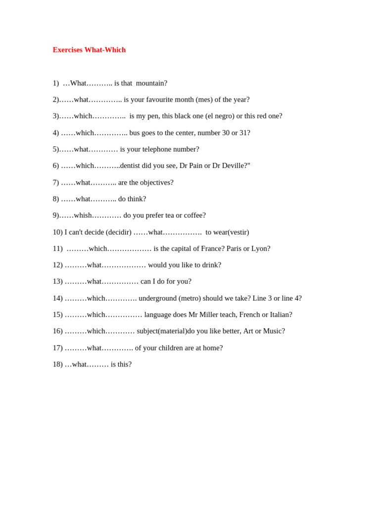 What vs. Which Grammar Exercises | PDF