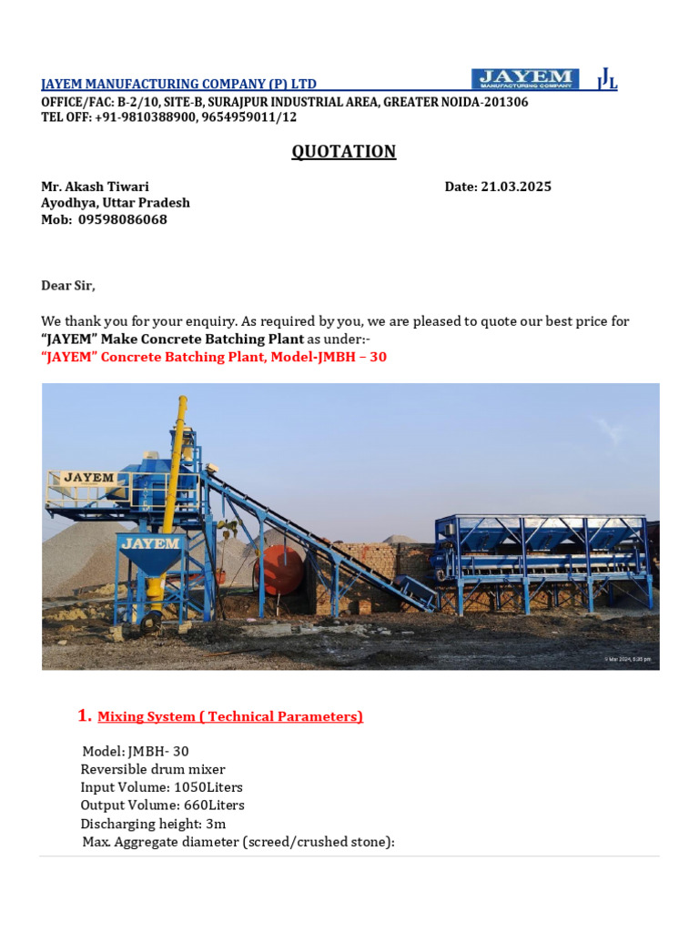 Jayem Concrete Batching Plant Quotation | PDF | Concrete | Pump