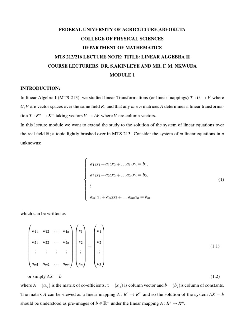 Linear Algebra II Lecture Notes | PDF | Algebra | Linear Algebra