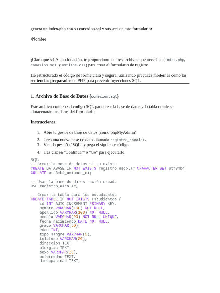 Formulario de Inscripción Escolar PHP | PDF | SQL | Hipertexto