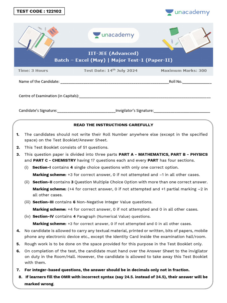 IIT JEE EXCEL Major Test 1 May 122102 Advance P2 Faculty Copy 3 | PDF ...