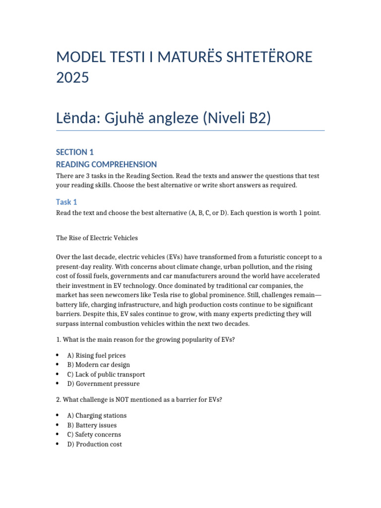 Model Test for English B2 Matura 2025 | PDF