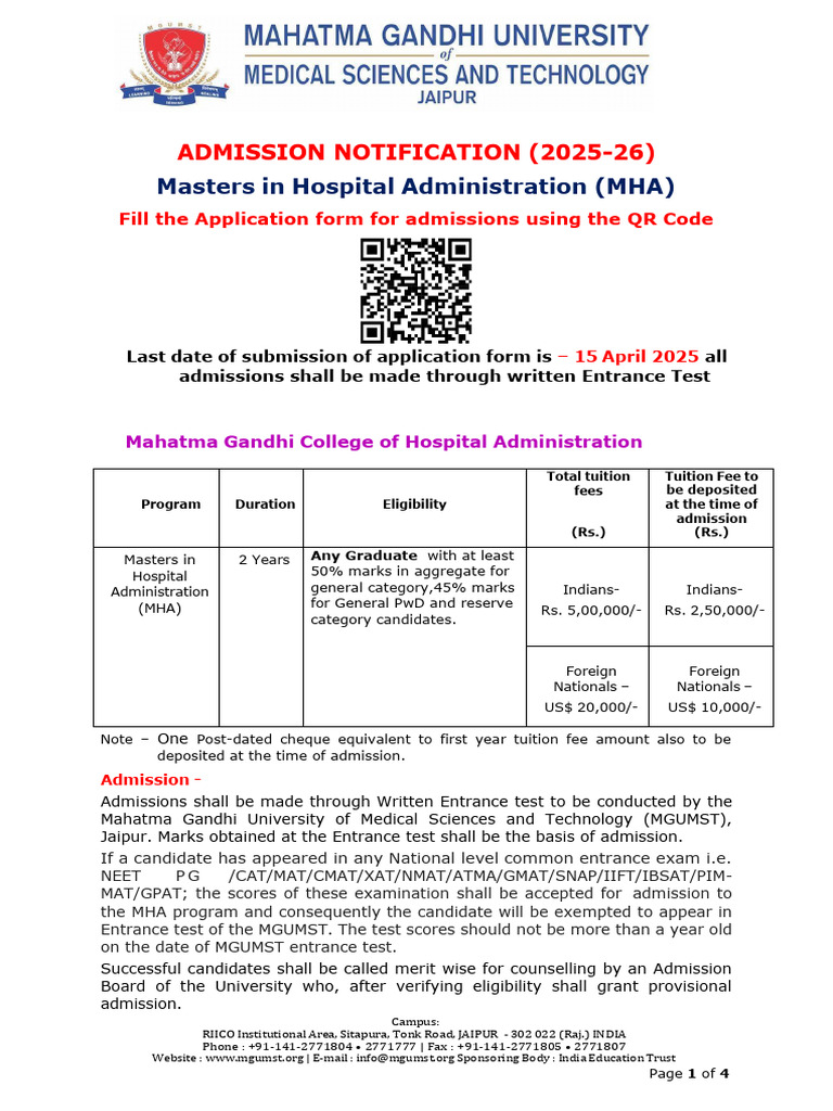 MHA Admission Notification 2025-26 | PDF