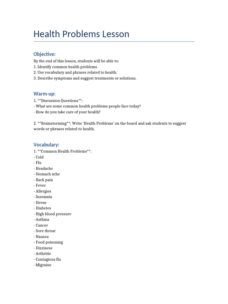 Health Problems Lesson | PDF