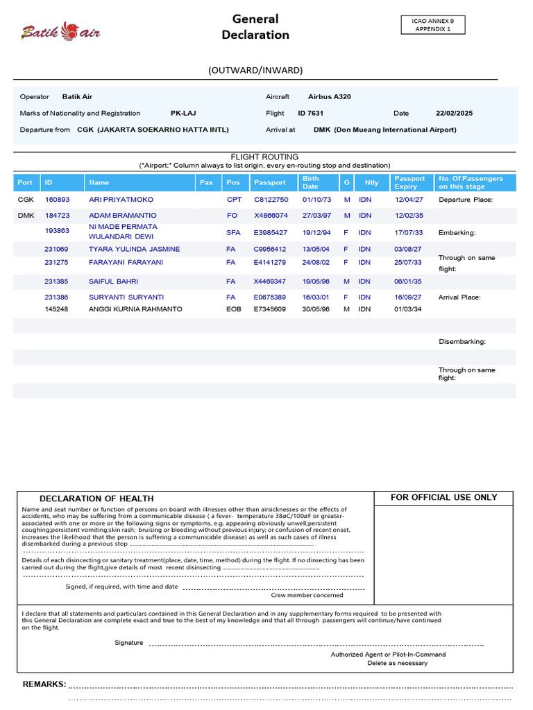 Batik Air Flight Health Declaration | PDF | Aviation Safety | Aviation