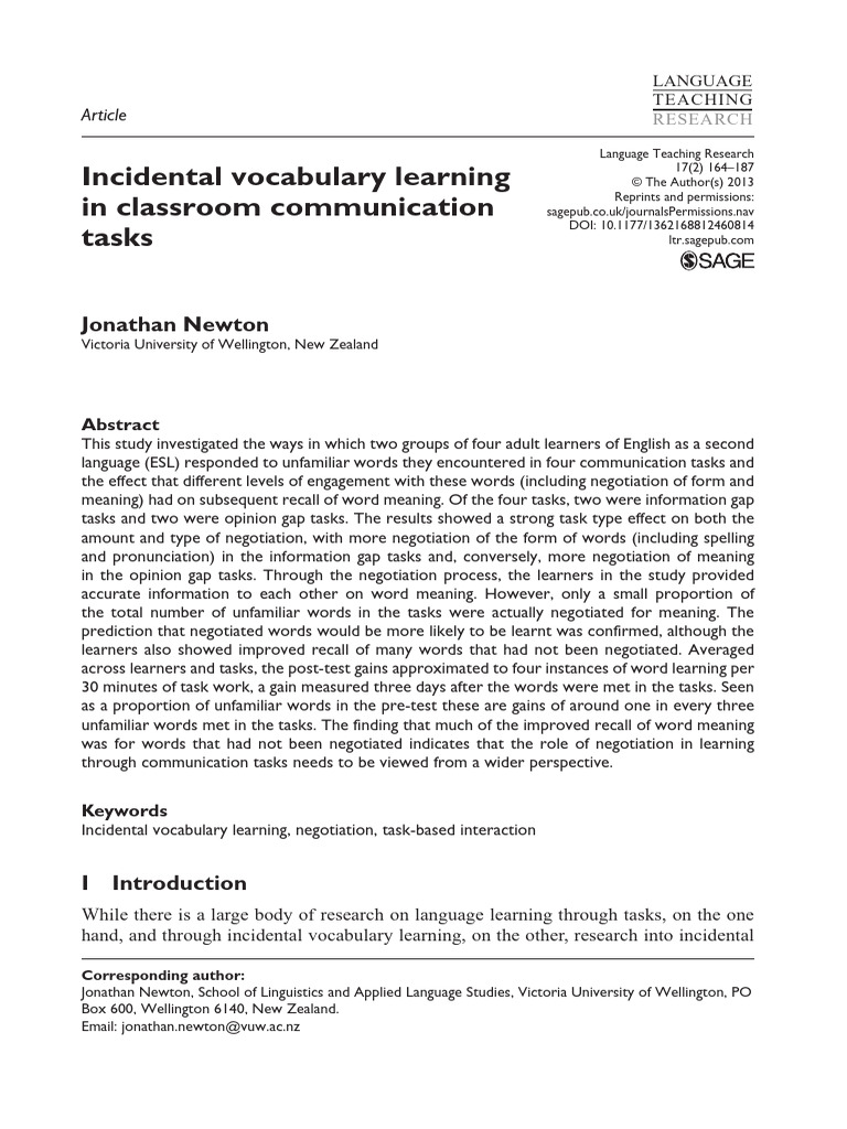 Incidental Vocabulary Learning in ESL Tasks | PDF | Vocabulary ...