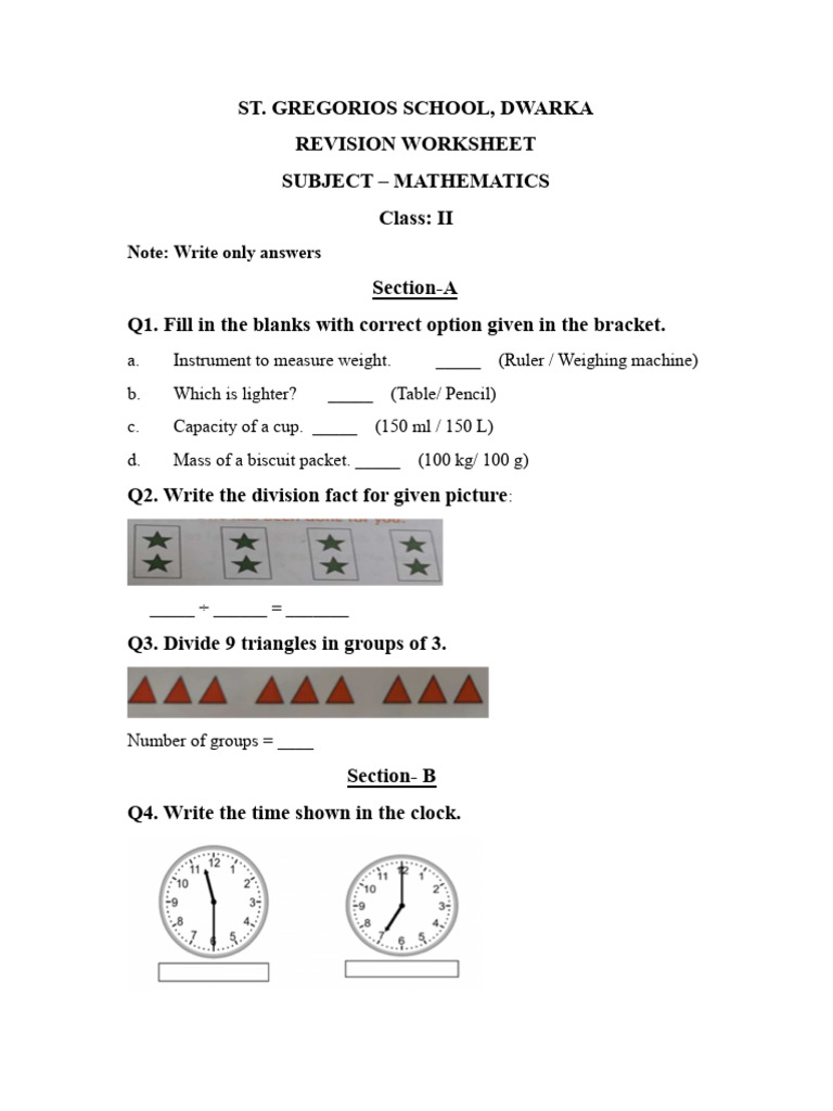 Class II Mathematics Revision Worksheet | PDF