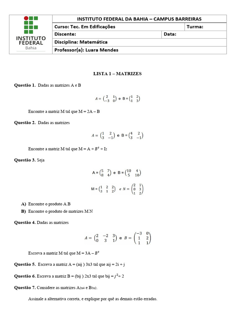 Exercícios de Matrizes para 2º Ano | PDF