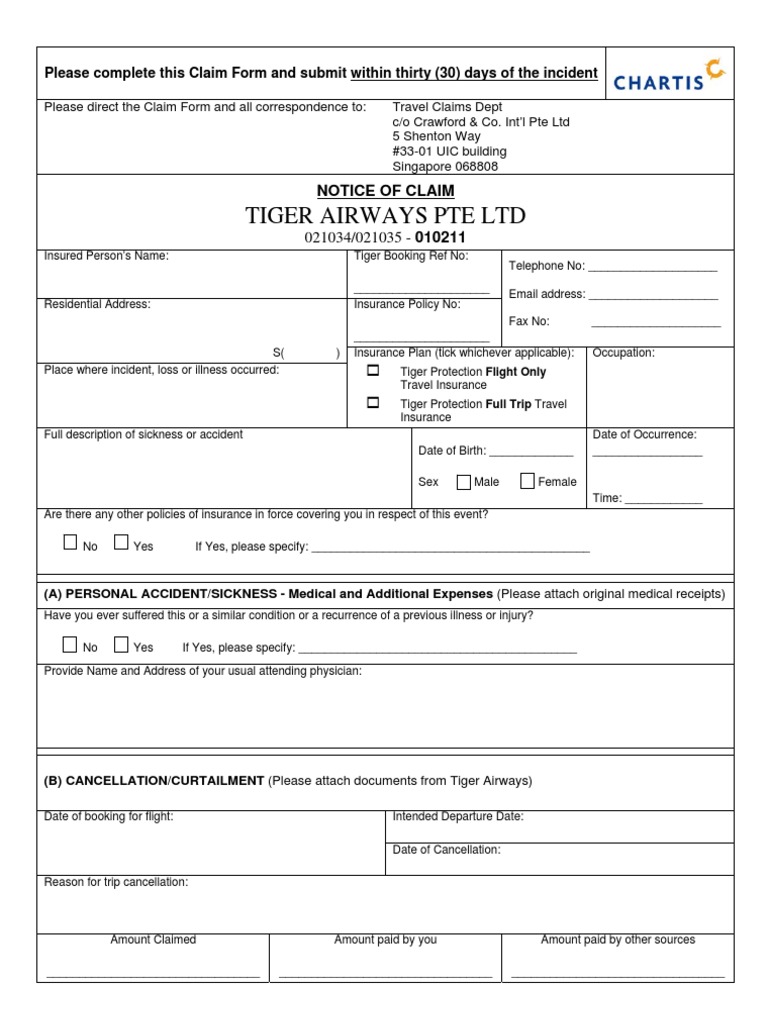Tiger Airways Travel Insurance Claim Form | PDF | Receipt | Insurance
