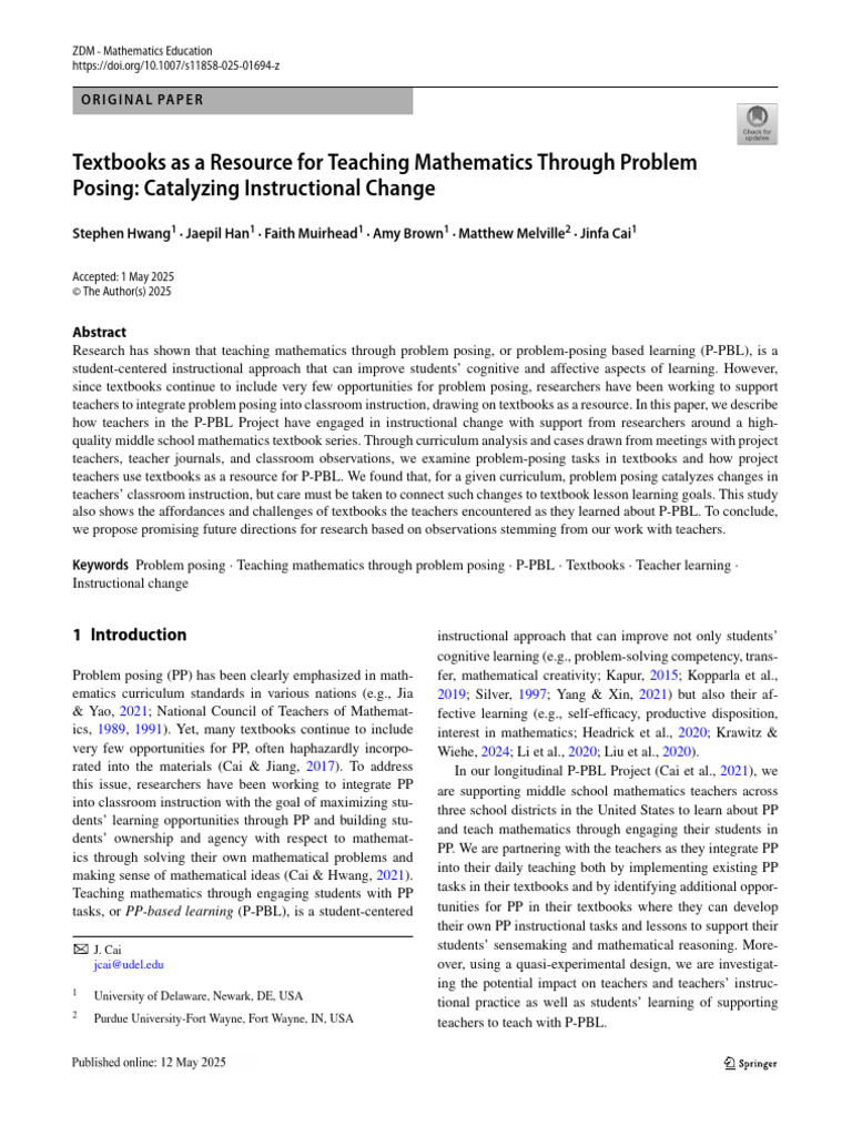 Textbooks as a Resource for Teaching Mathematics T | PDF | Teachers ...