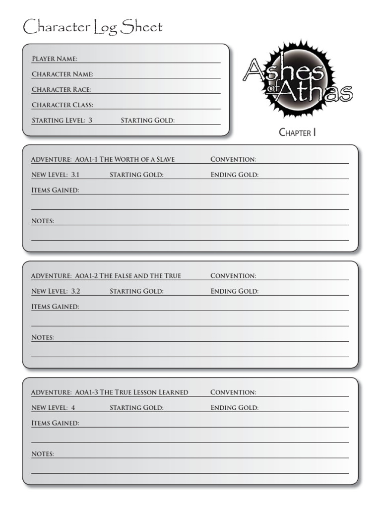 Character Log for AoA Adventures | PDF