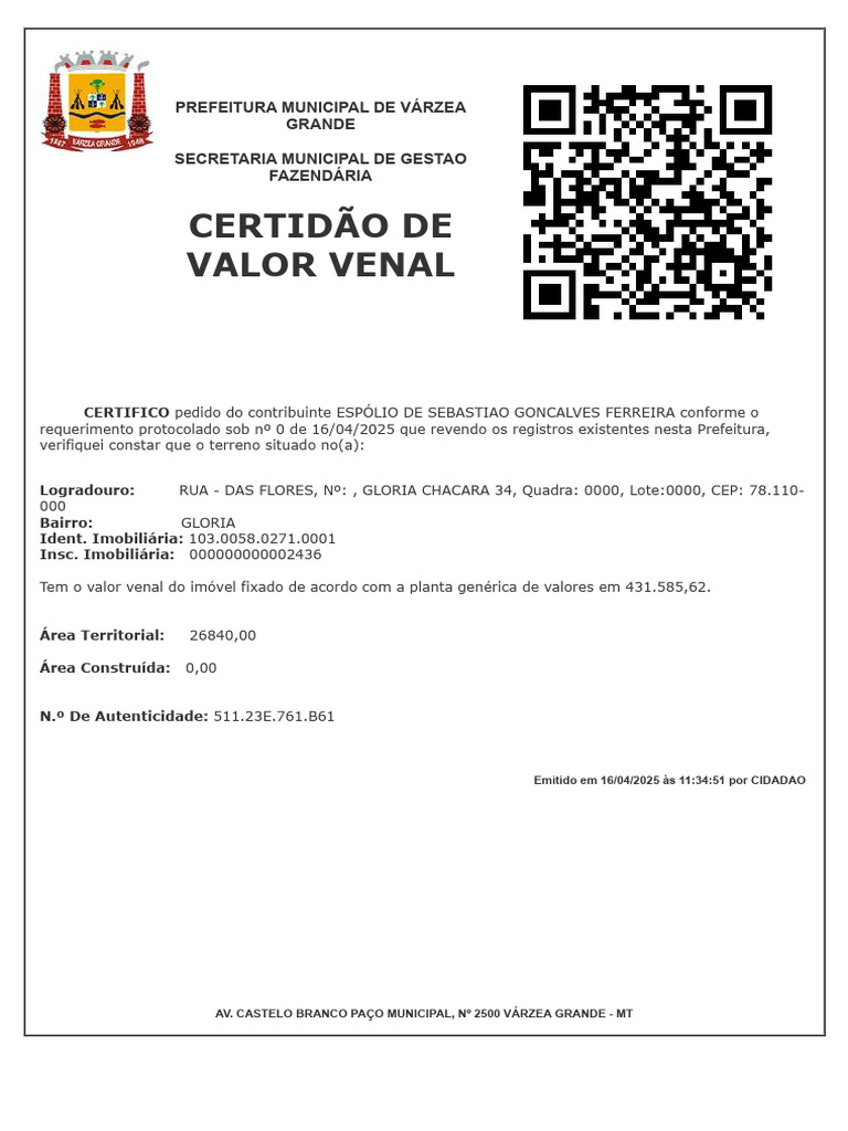 Certidão de Valor Venal - Várzea Grande | PDF