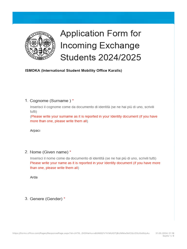 Application Form For Incoming Exchange Students 2024-2025 | PDF ...