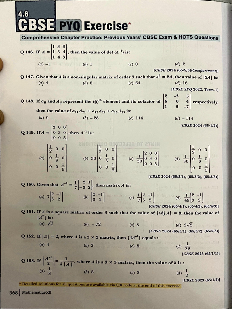 CBSE Matrix Determinants Practice Questions | PDF | Mathematical ...