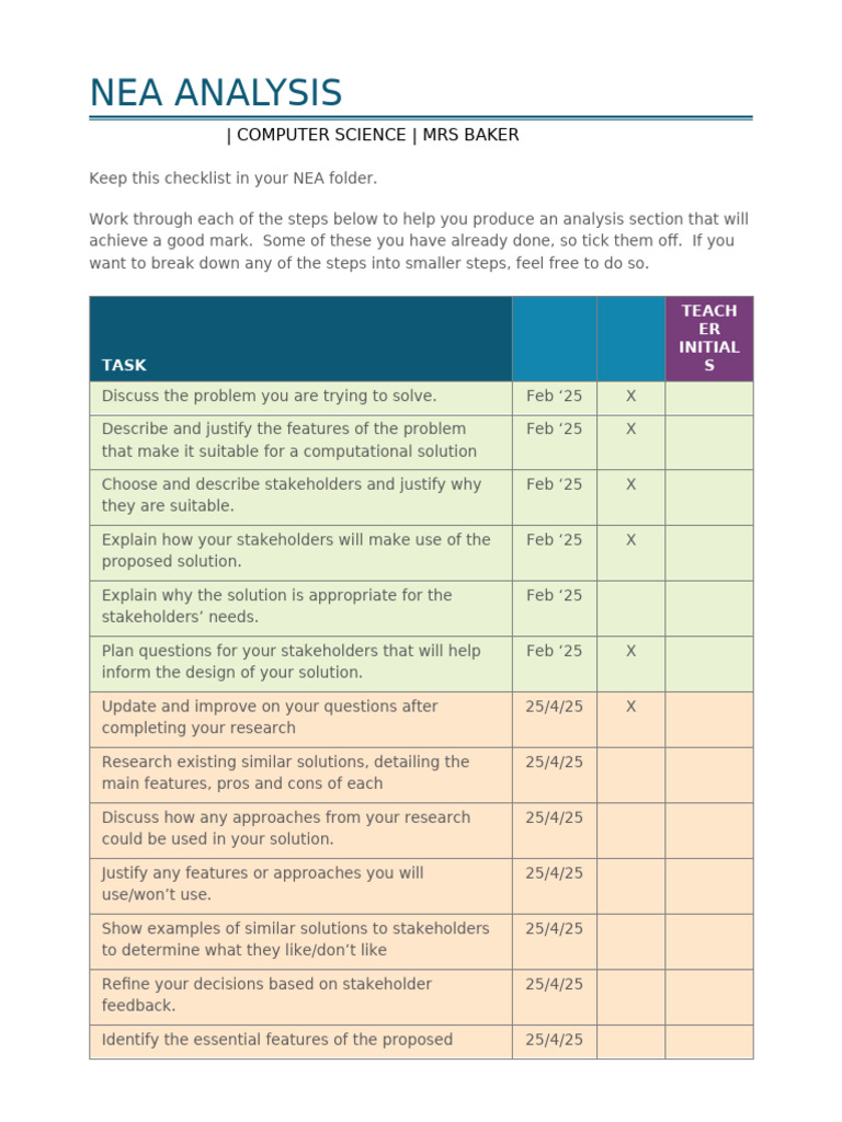 NEA Analysis Checklist for Computer Science | PDF