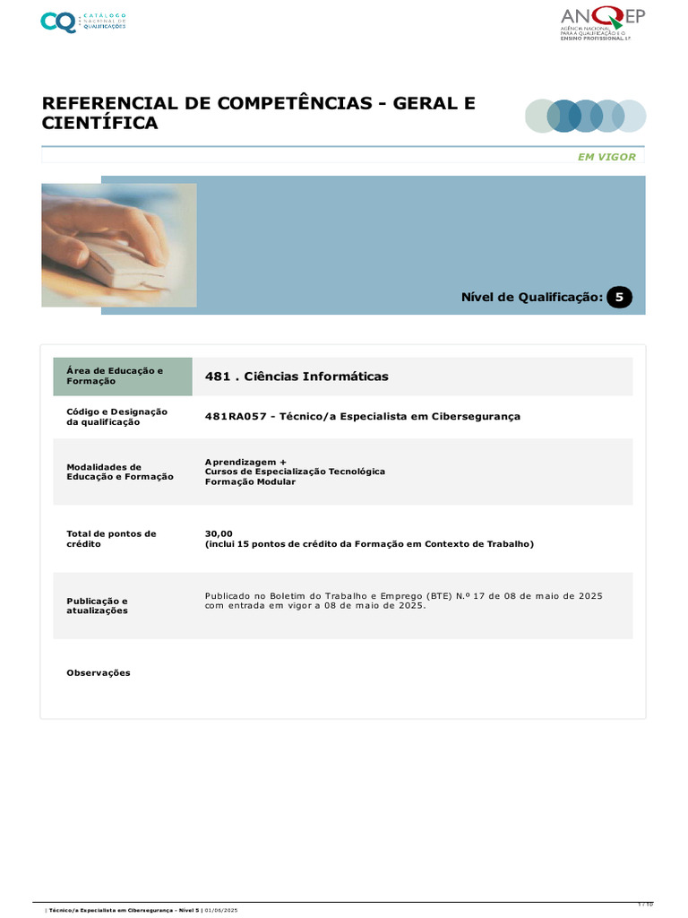 481RA057 - Referencial de Competências - TEC 1 | PDF | Segurança de ...