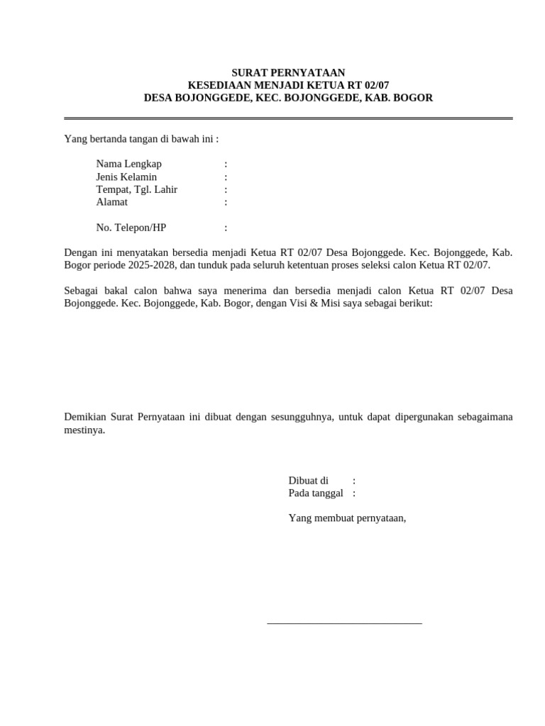 Surat Kesediaan Menjadi Ketua RT | PDF