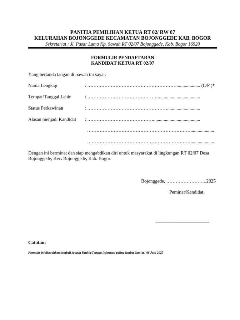 Formulir Pendaftaran Ketua RT 02/07 | PDF