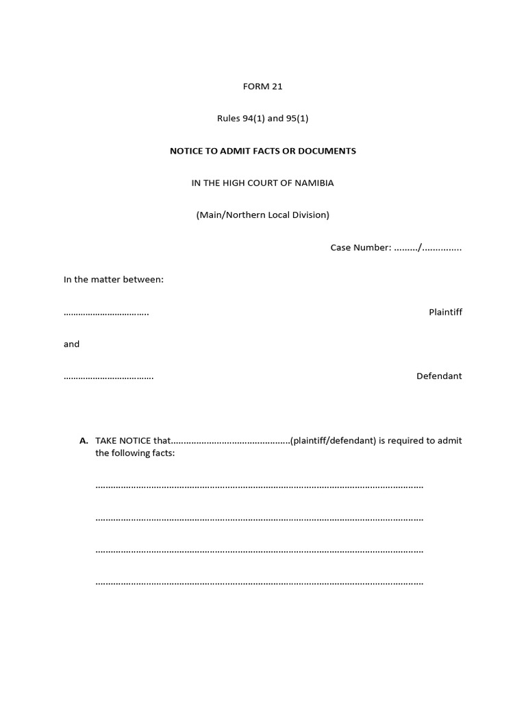 Form 21 - Notice To Admit Facts or Documents | PDF | Common Law ...