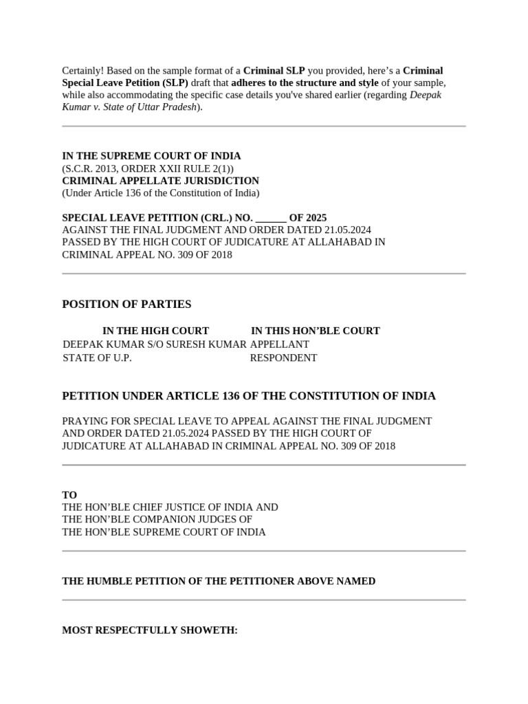 Criminal SLP Draft: Deepak Kumar Case | PDF | Burden Of Proof (Law ...