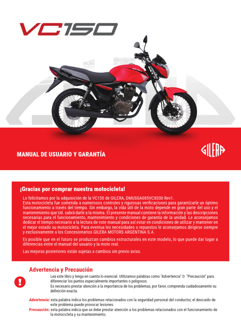 Manual de Usuario Gilera VC150 | PDF | Motocicleta | Embrague