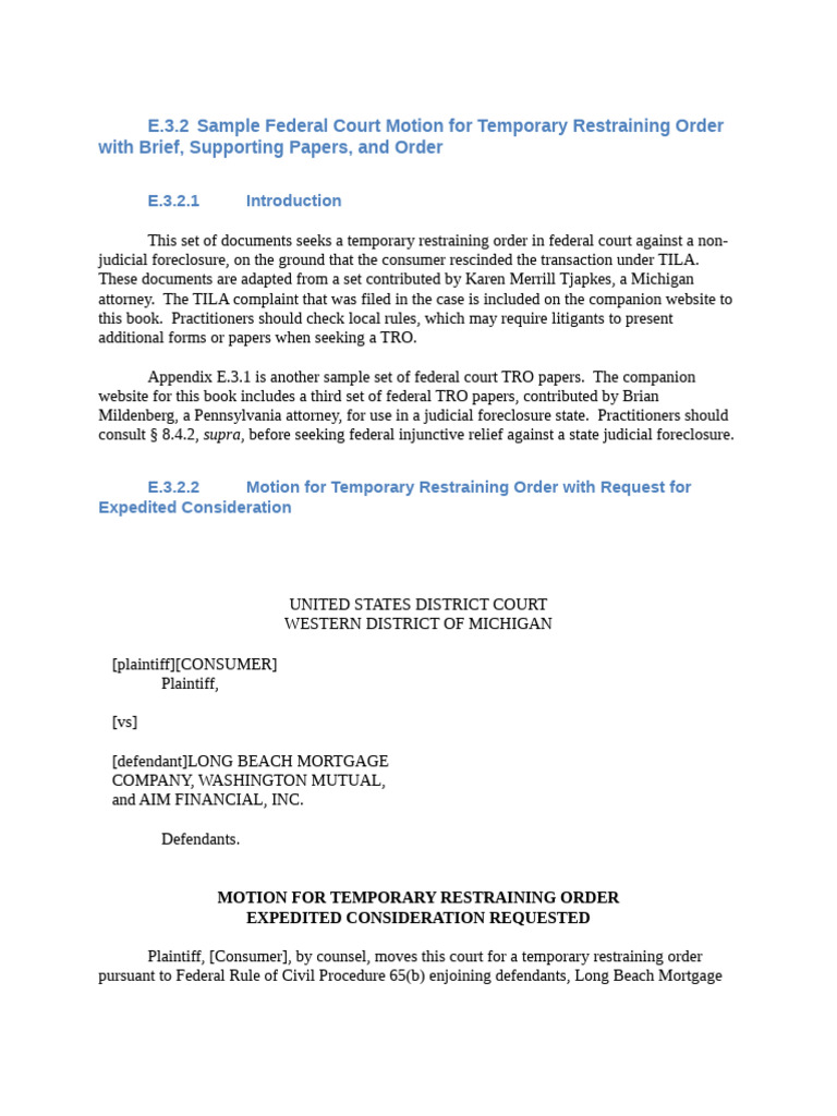 Federal Court TRO Motion Template | PDF | Injunction | Mortgages