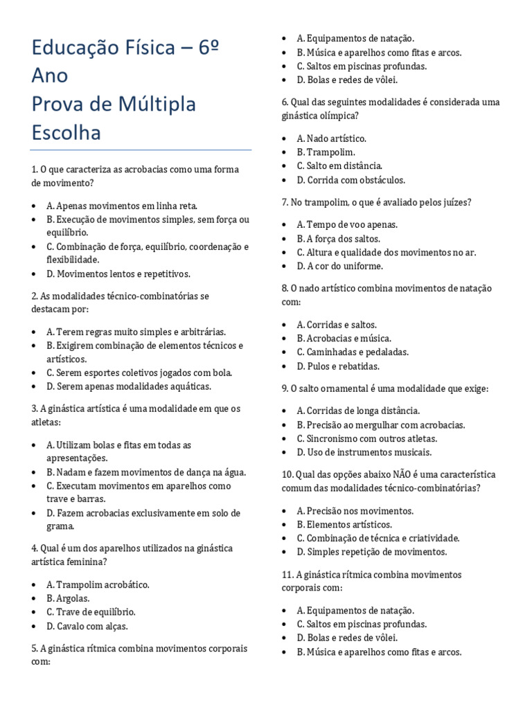 Prova de Educação Física 6º Ano | PDF | Ginástica | Esportes Olímpicos