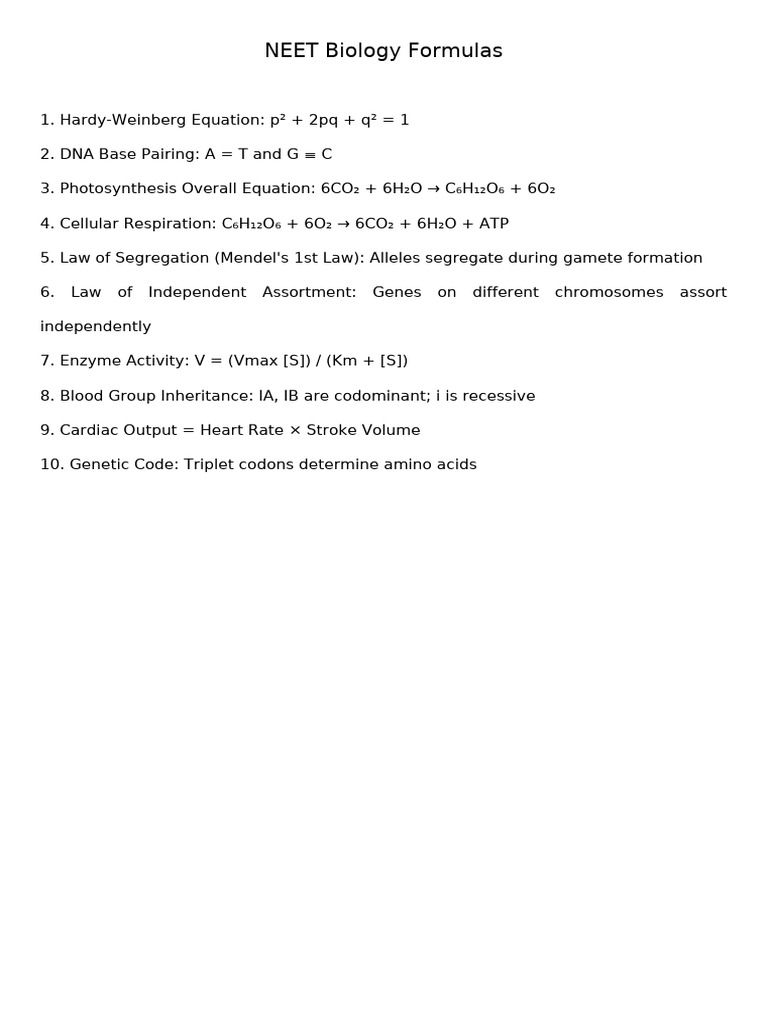 NEET Biology Formula Sheet | PDF