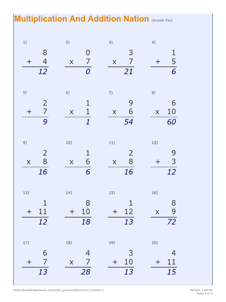 Math Answer Key: Addition & Multiplication | PDF