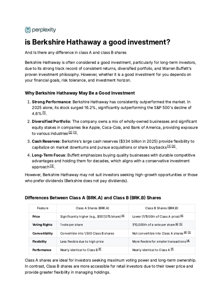 Class A vs Class B Shares of Berkshire Hathaway | PDF | Investing ...