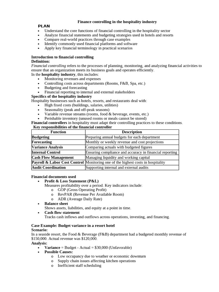 Financial Controlling in Hospitality | PDF | Budget | Hospitality Industry
