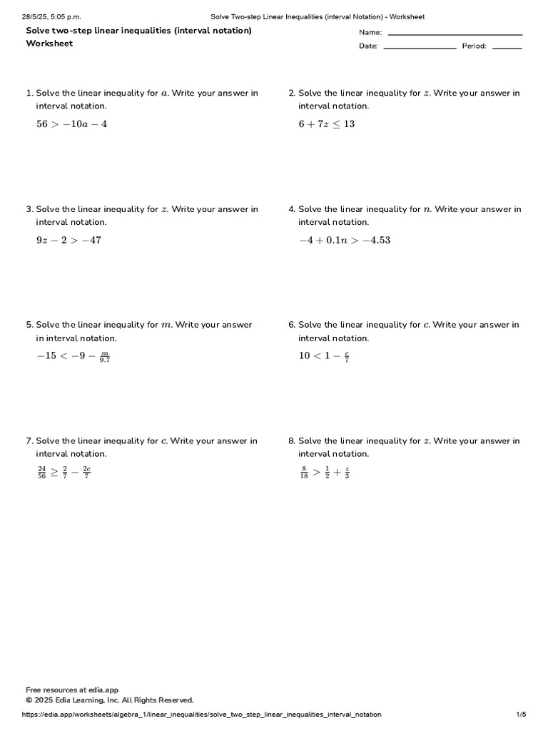 Two-Step Inequalities Worksheet | PDF | Inequality (Mathematics ...