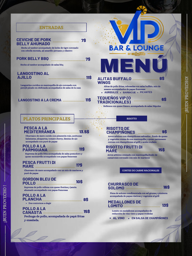 Menú VIP: Platos y Bebidas | PDF | ensalada | Hamburguesas