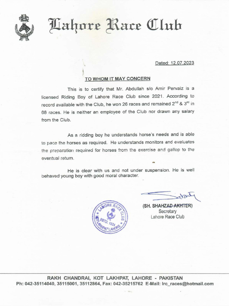 Race Club Letter | PDF