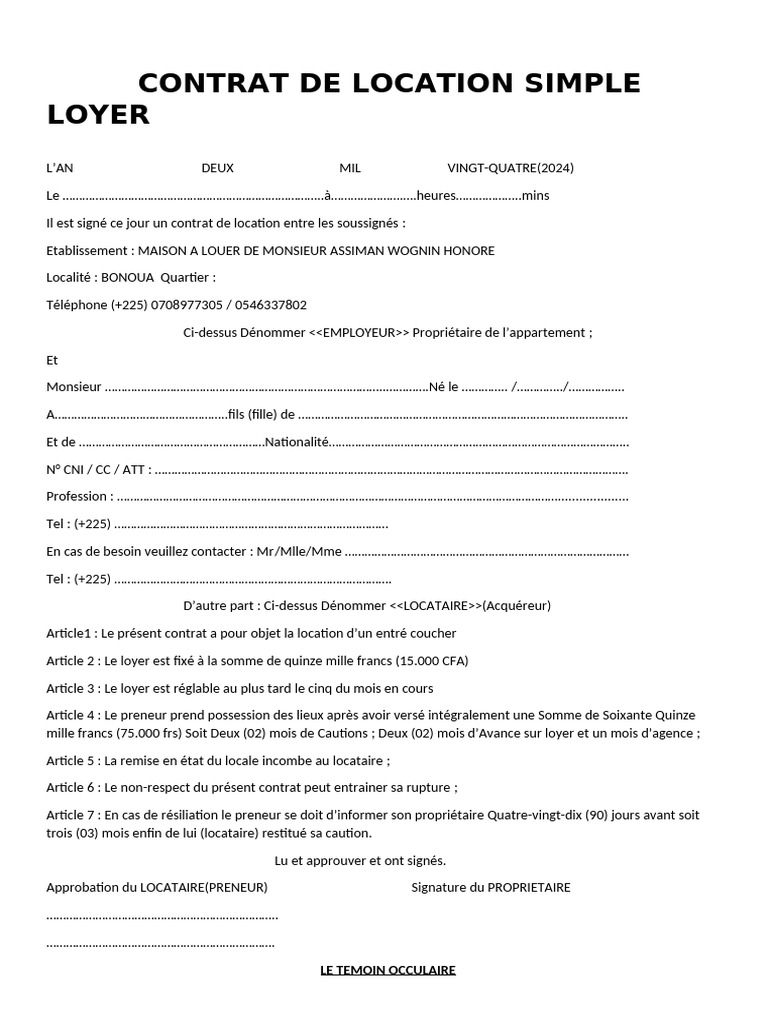 Contrat de Location Simple 2024 | PDF