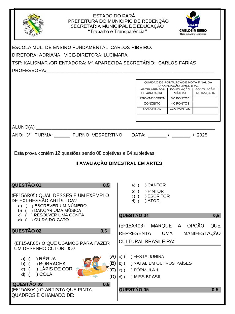 Prova Bimestral de Artes - 3º Ano | PDF | Danças | As artes
