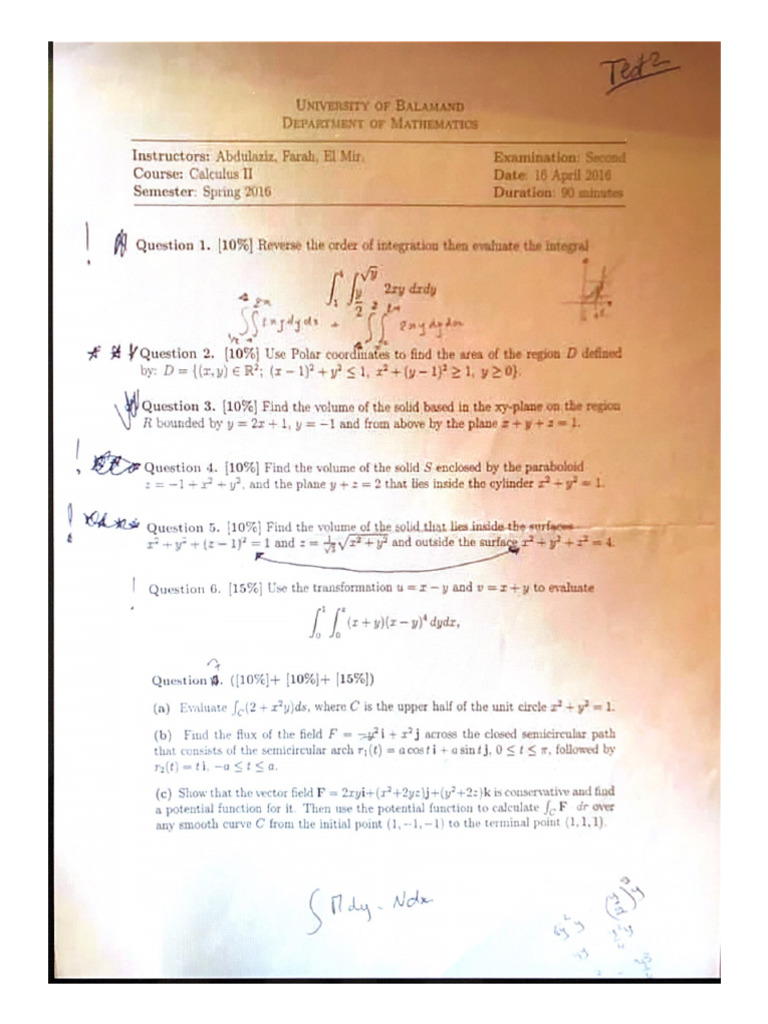 16 April 16 Spring Second Test Calculus Ii - 250412 - 191309 | PDF