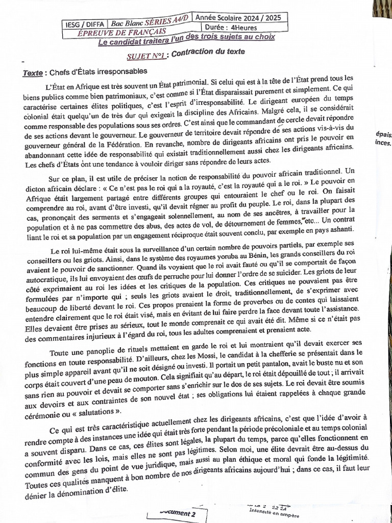 Les Épreuves Du BAC Blanc - Région de Diffa | PDF
