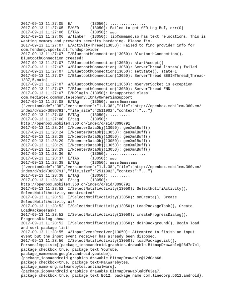 Android Log Errors and Bluetooth Issues | PDF | Computing | Software