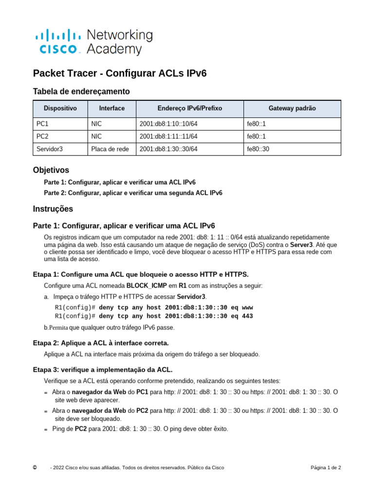 Configuração de ACLs IPv6 no Packet Tracer | PDF | I Pv6 | Rede de ...