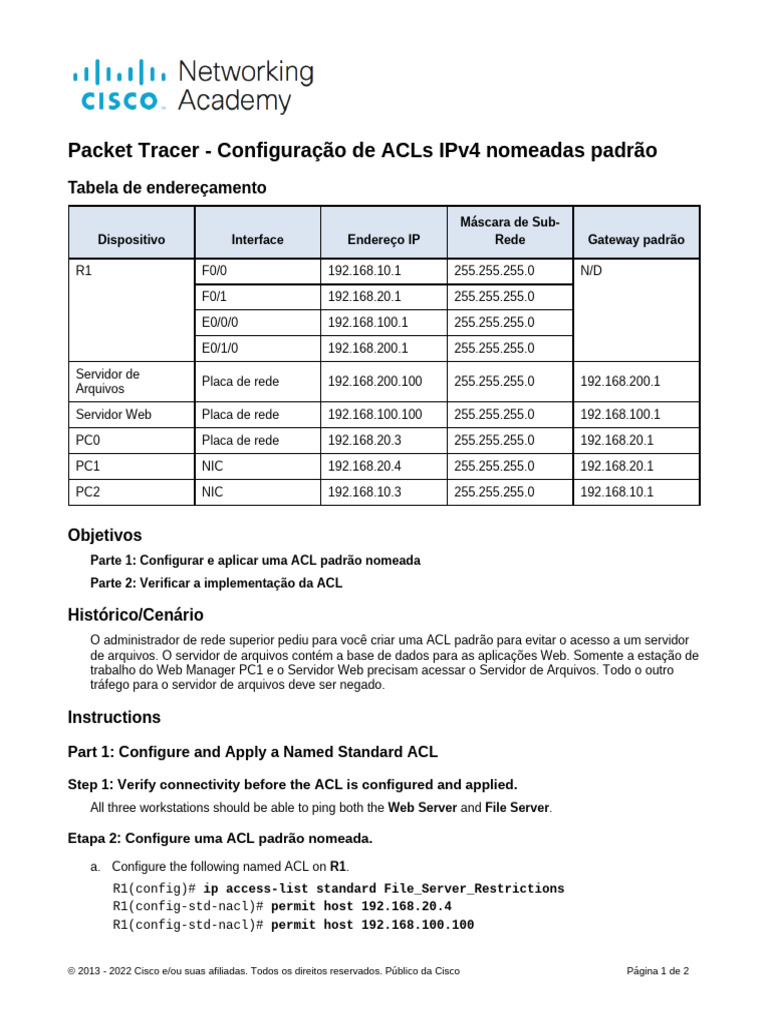 Configuração de ACLs IPv4 no Packet Tracer | PDF | Endereço de IP ...