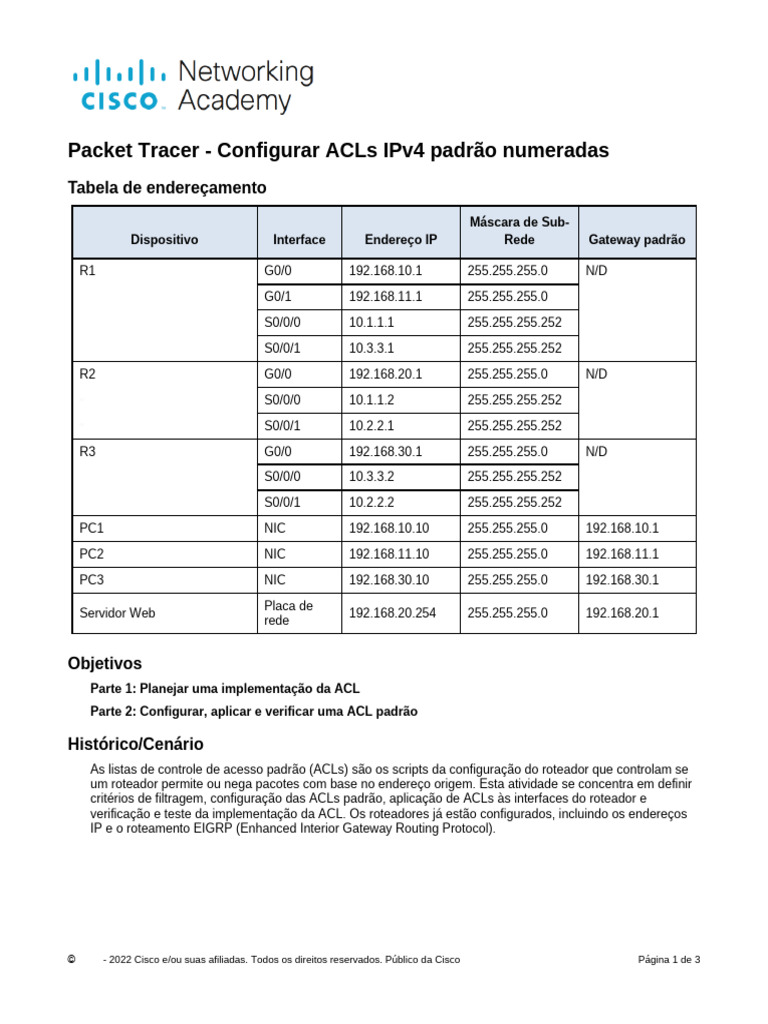Configuração de ACLs IPv4 no Packet Tracer | PDF | Roteamento ...