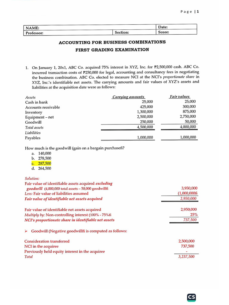 Business Combinations Test Bank | PDF | Goodwill (Accounting) | Book Value