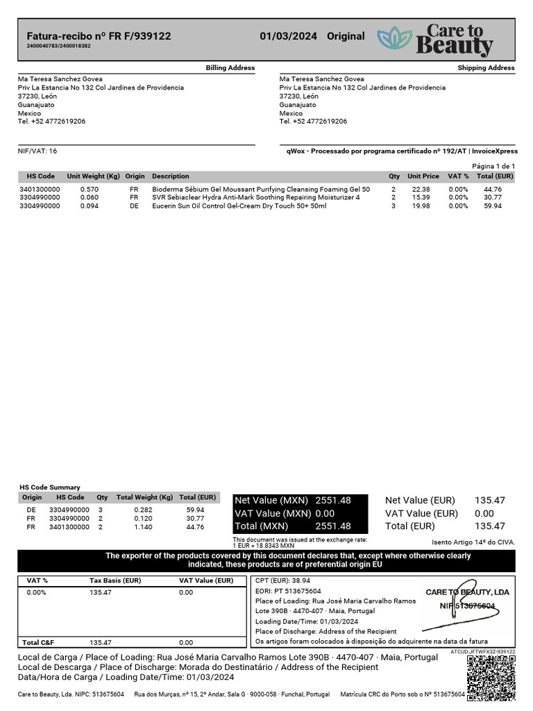 Invoice FR F/939122 for Bioderma Products | PDF | Economies | Taxes