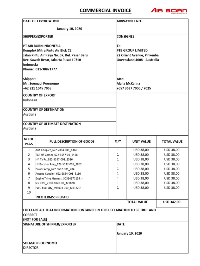 Indonesia to Australia Export Invoice | PDF