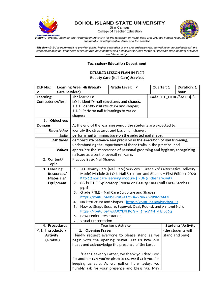 TLE 7 Detailed Lesson Plan: Nail Care | PDF | Nail (Anatomy ...