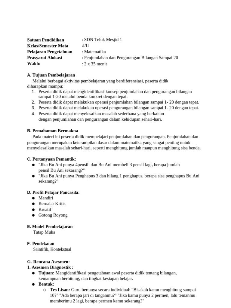 Modul Pembelajaran Berdiferensiasi Matematika Kelas 1 | PDF